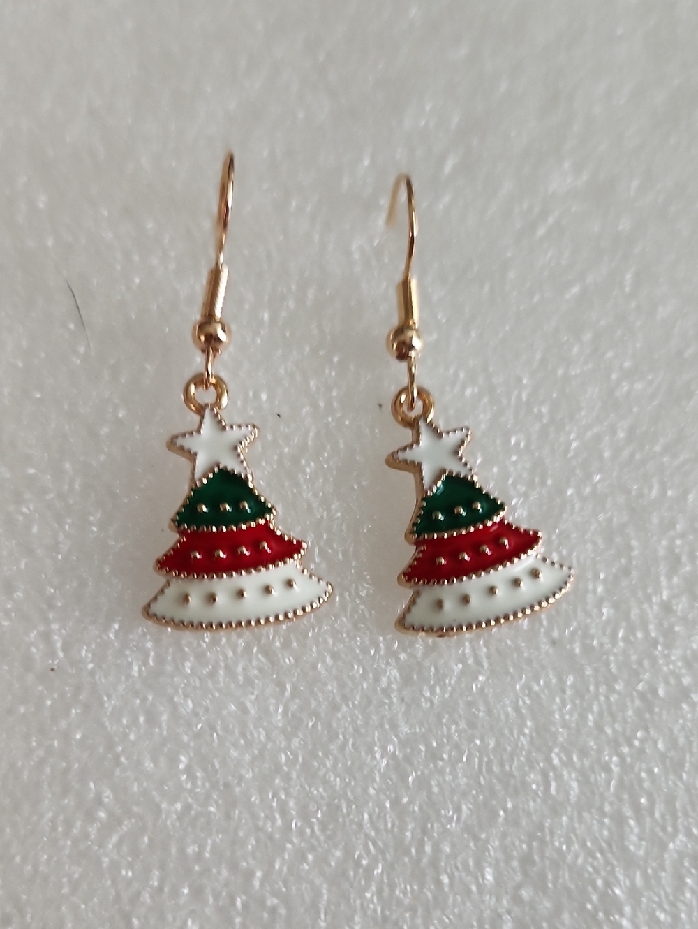 Hand Crafted Gold Christmas Tree Dangle Earrings in White, Green & Red